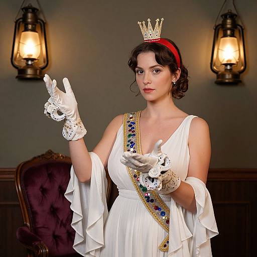 Photograph of a fair-skinned woman with dark curly hair, wearing a white gown, crown, and gloves, pointing with a regal expression,
