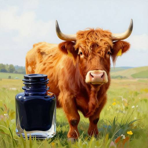 Digital artwork of a red Highland cow with large horns, standing in a grassy field, next to a dark blue glass bottle. Bright, sunny countryside