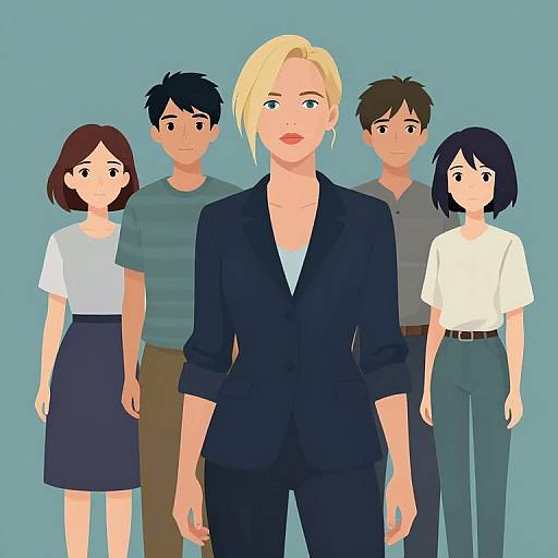 Digital anime-style illustration of a confident blonde woman in a black suit, flanked by four casually dressed individuals against a blue background.