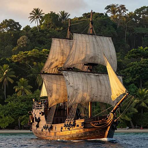 Photograph of a classic wooden sailboat with illuminated sails, navigating through a lush, tropical forested coastline at sunset.
