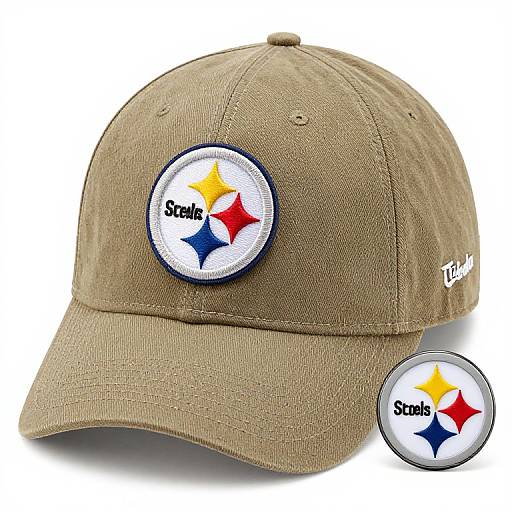 Photograph of a beige baseball cap with a white, blue, yellow, and red 