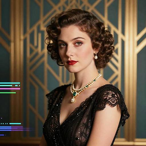 Photograph of a vintage-style woman with curly brown hair, red lipstick, black lace dress, pearl necklace, and earrings, against a blue and gold