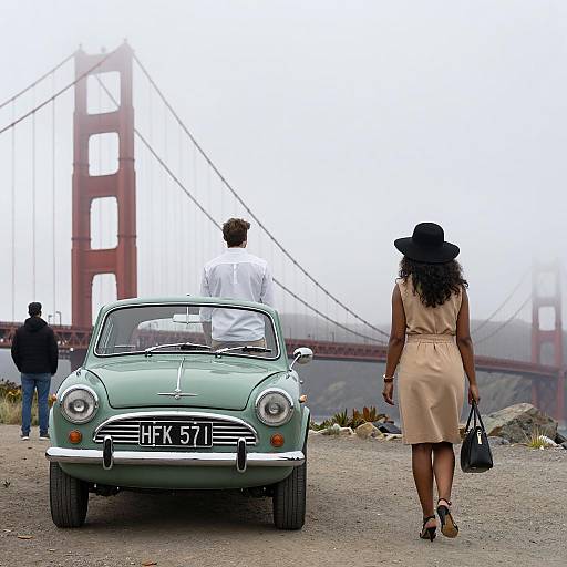 Vintage Car Near Golden Gate Bridge with People