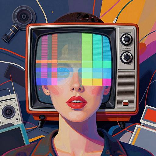 Digital pop art portrait of a woman with red lips, wearing a vintage TV as a mask, displaying colorful vertical bars. Background features abstract orange, blue