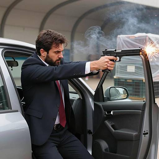 Intense Man Firing Handgun from Car