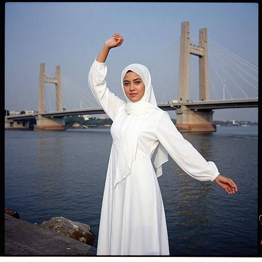 Photorealistic Woman on Architectural Bridge