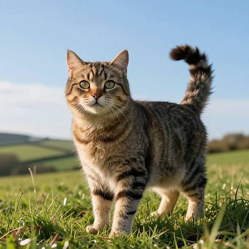 Photograph of a curious, striped tabby cat with green eyes standing on green grass in a sunny, blue-sky countryside field.