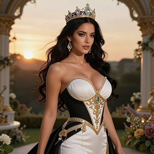 Photograph of a beautiful woman with long black hair, wearing a white and black strapless gown with gold and blue detailing, a jeweled crown,