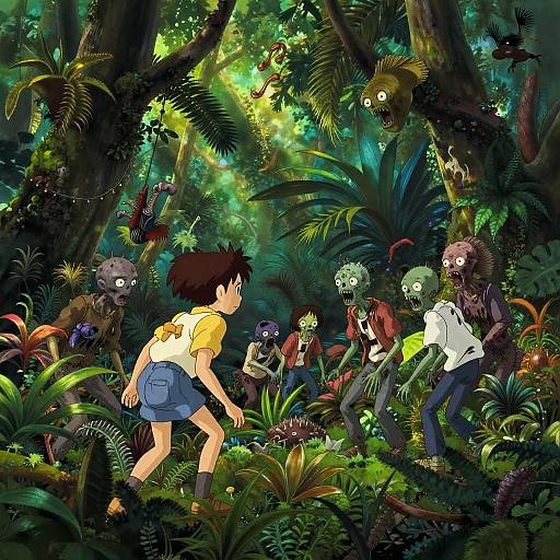 Digital anime-style illustration of a frightened girl in a yellow shirt and blue skirt, surrounded by zombie-like creatures in a dense, illuminated jungle. Vibrant