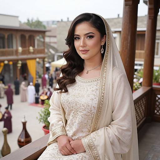 Photograph of an attractive South Asian woman with dark wavy hair, wearing an elegant white embroidered lehenga and veil, standing on a wooden balcony overlooking