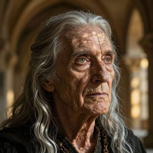 Photograph of a deeply wrinkled, elderly man with long, silver-gray hair, blue eyes, and a contemplative expression, set against a blurred