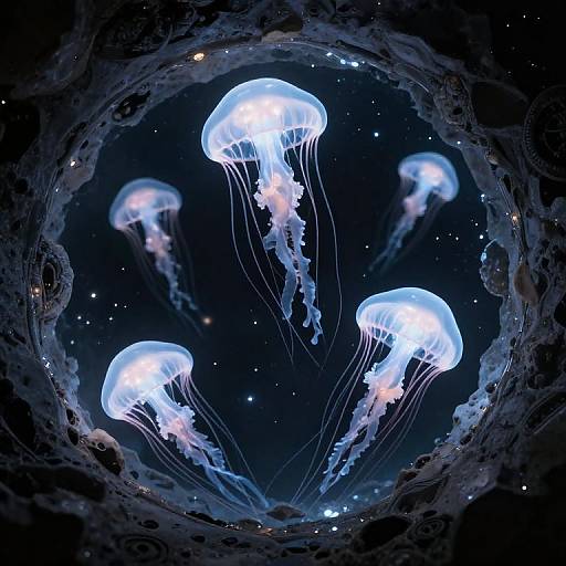 Photograph of glowing blue and white jellyfish with translucent bodies and flowing tentacles, floating in a dark, star-filled oceanic cave.