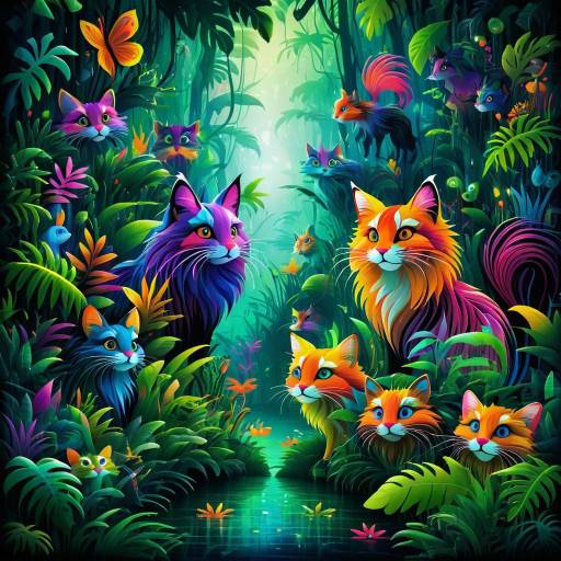 Colorful Enchanted Cats in Lush Jungle
