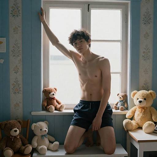 Kneeling Man in a Cozy Room