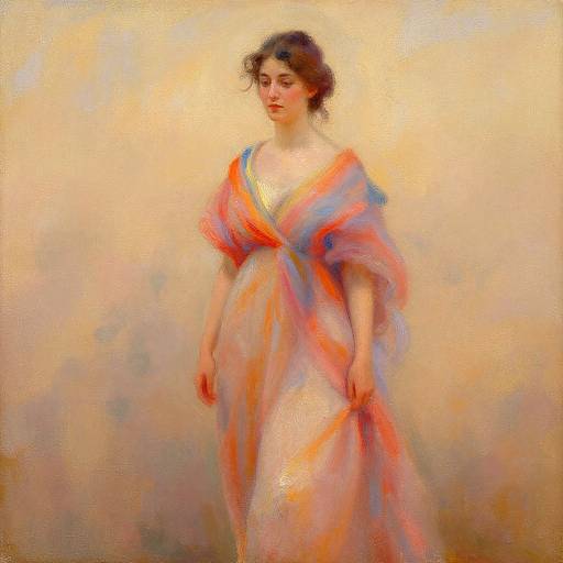 Digital painting of a young woman with pale skin, dark curly hair, wearing a flowing, semi-transparent dress in orange and blue, standing against a softly
