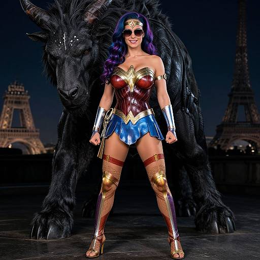 CGI image of Wonder Woman in iconic costume, standing confidently in front of a black, wolf-like creature, with the Eiffel Tower in the