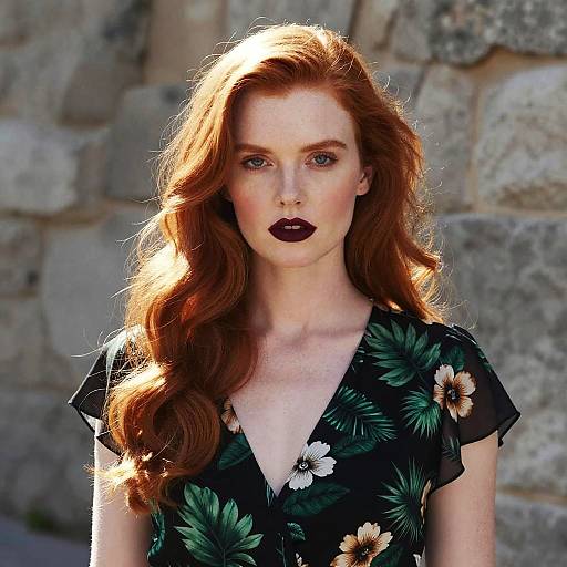 Photograph of a red-haired woman with wavy hair, wearing a black floral dress, dark lipstick, against a stone wall background.