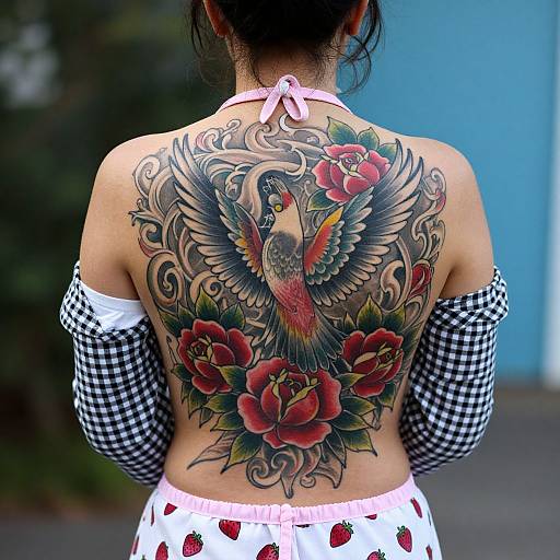 Colorful Bird Tattoo on Woman's Back