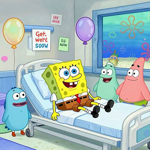 Cartoon hospital room with SpongeBob SquarePants in a bed, surrounded by Gary, Patrick, and Squidward, balloons, and aquarium window