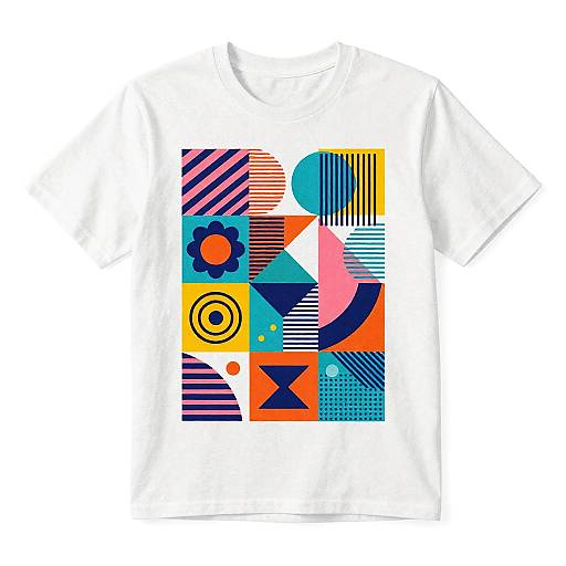 Vibrant geometric abstract design on white T-shirt, featuring bold colors (orange, blue, pink), shapes (circles, triangles, lines),