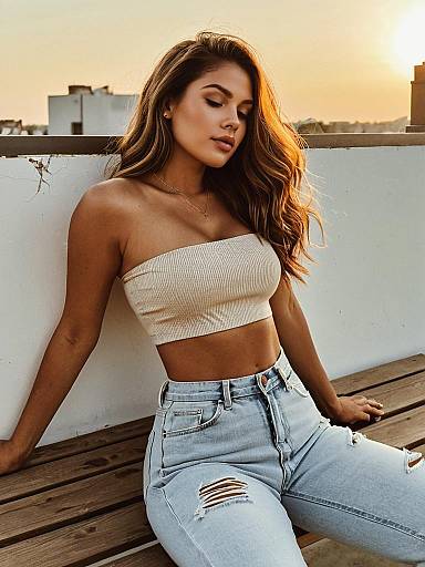 Woman in Bandeau Top and Ripped Jeans at Sunset