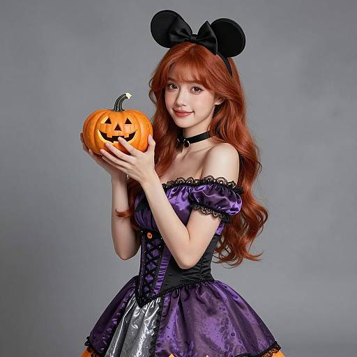 Young Woman in Disney-Inspired Halloween Costume with Pumpkin