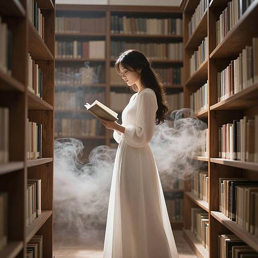 Ethereal Woman in Sunlit Library