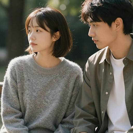 Photograph of an Asian couple sitting outdoors; the woman with short black hair in a gray sweater and the man with black hair in a green shirt and