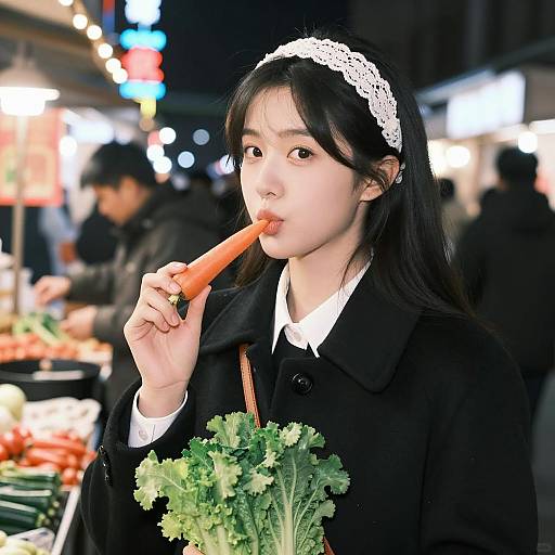 Asian Woman Eating Carrot at Night Market
