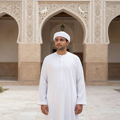Photograph of a Middle Eastern man in a white traditional thobe and white cap, standing in front of an ornate, arched, Islamic architectural