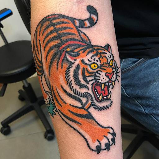 Traditional Fierce Tiger Forearm Tattoo