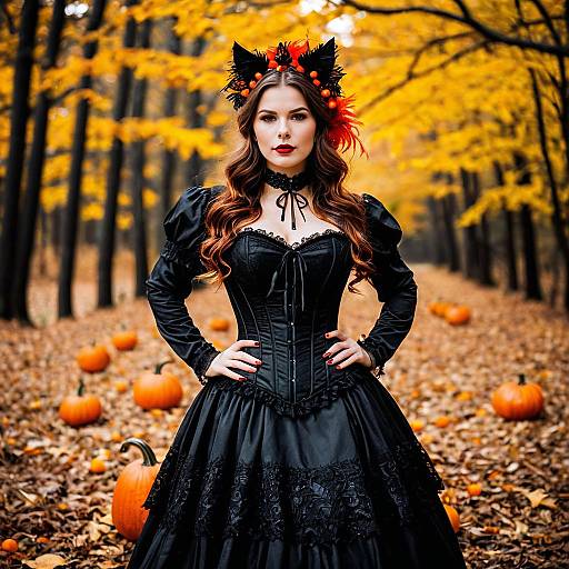 Woman in Victorian Halloween Costume in Autumn Forest