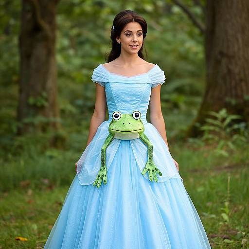 Photograph of a young woman with dark hair in a white off-shoulder dress with a frog belt, standing in a lush forest.