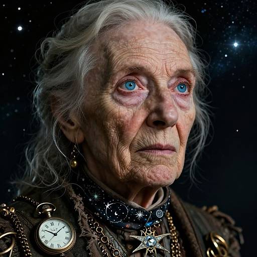 Photorealistic portrait of an elderly woman with white hair, blue eyes, and wrinkled skin, wearing a clock and chain necklace against a starry