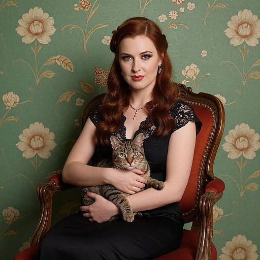 Photograph of a fair-skinned woman with red hair in vintage curls, wearing black lace dress, sitting on a red chair, holding a striped cat