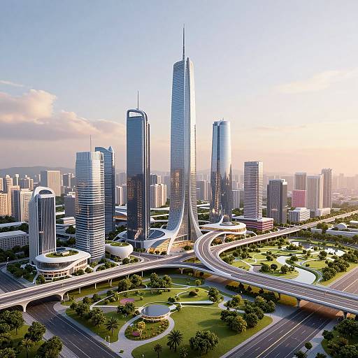 Photorealistic CGI of a modern, towering city skyline with sleek skyscrapers, winding highways, green parks, and a bright, clear sky.