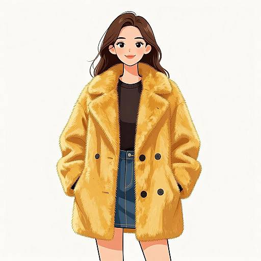 Digital anime-style illustration of a smiling young woman with long brown hair, wearing a yellow fur coat, black top, and blue skirt.