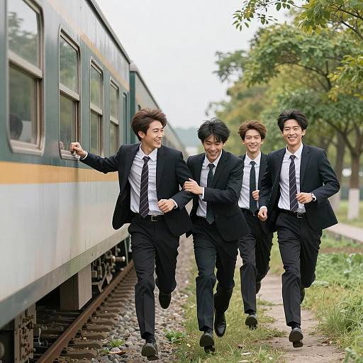 Four Young Men Running Alongside Train