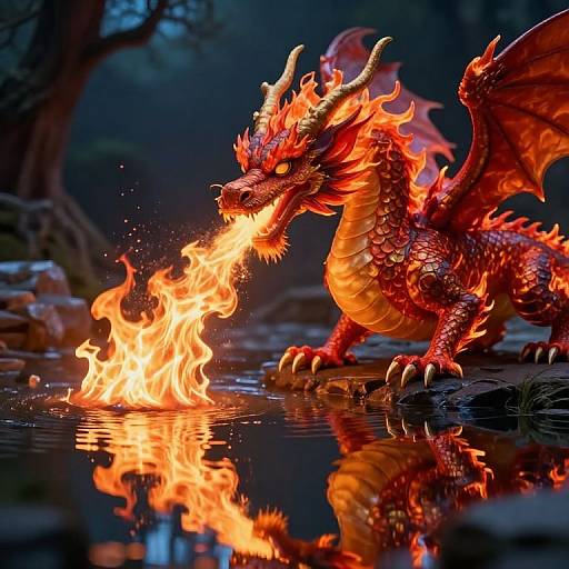 Photorealistic digital artwork of a red, fiery dragon breathing flames into a reflective water pool, with dark forest background.