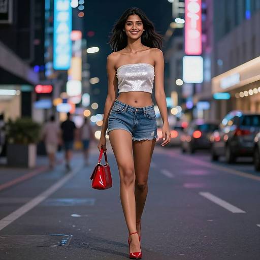 Photograph of a smiling young woman with long dark hair, wearing a shiny white strapless top, denim shorts, and red heels, carrying a red