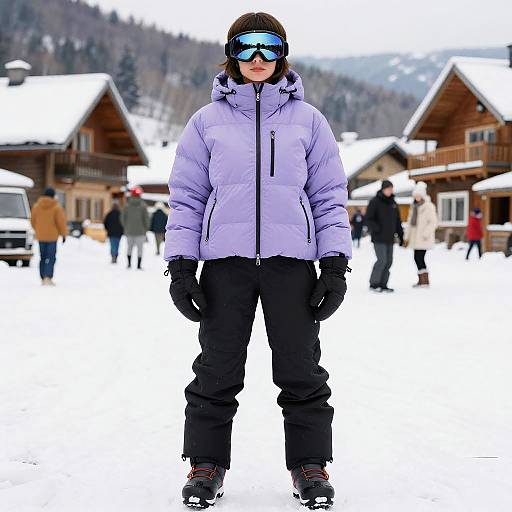 Woman in Periwinkle Ski Jacket in Snowy Village