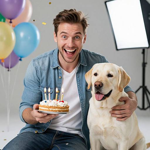 Photograph of a smiling man with brown hair, blue denim shirt, and white t-shirt, holding a birthday cake with candles, and a yellow Labrador