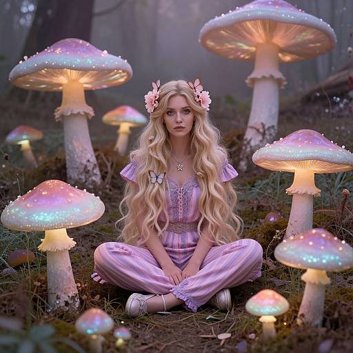 Fairy-like blonde woman with long hair, pink flower crown, and purple dress sits cross-legged among glowing, luminescent mushrooms in a mystical forest