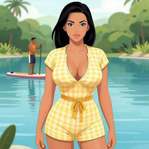 Digital illustration of a curvy woman with black hair, wearing a yellow checkered, deep V-neck romper, standing by a tropical lake with a
