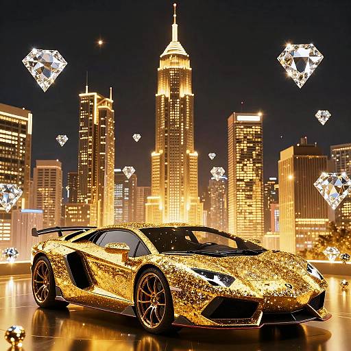 Photograph of a golden, glittery Lamborghini in front of a nighttime cityscape with illuminated skyscrapers and diamond-shaped lights.
