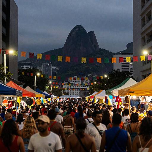 Photograph of a bustling evening market with colorful flags, vibrant tents, crowd of diverse people, and iconic Sugarloaf Mountain in the background under a