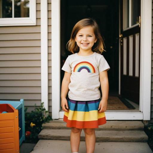 Smiling Toddler Girl in Rainbow Outfit on Porch