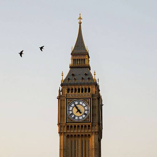 Photograph of London's Big Ben clock tower with two birds in flight against a clear blue sky. The clock face is prominent, showing black hands on