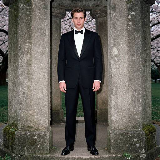 Photograph of a serious, fair-skinned man in a black tuxedo with white shirt and black bow tie, standing between two mossy stone