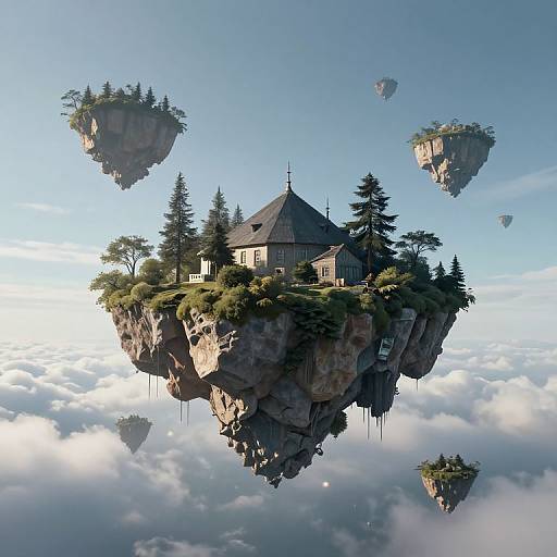 Fantastical digital artwork of a floating, tree-topped rock island with a quaint, wooden church, surrounded by smaller floating islands, all set amidst